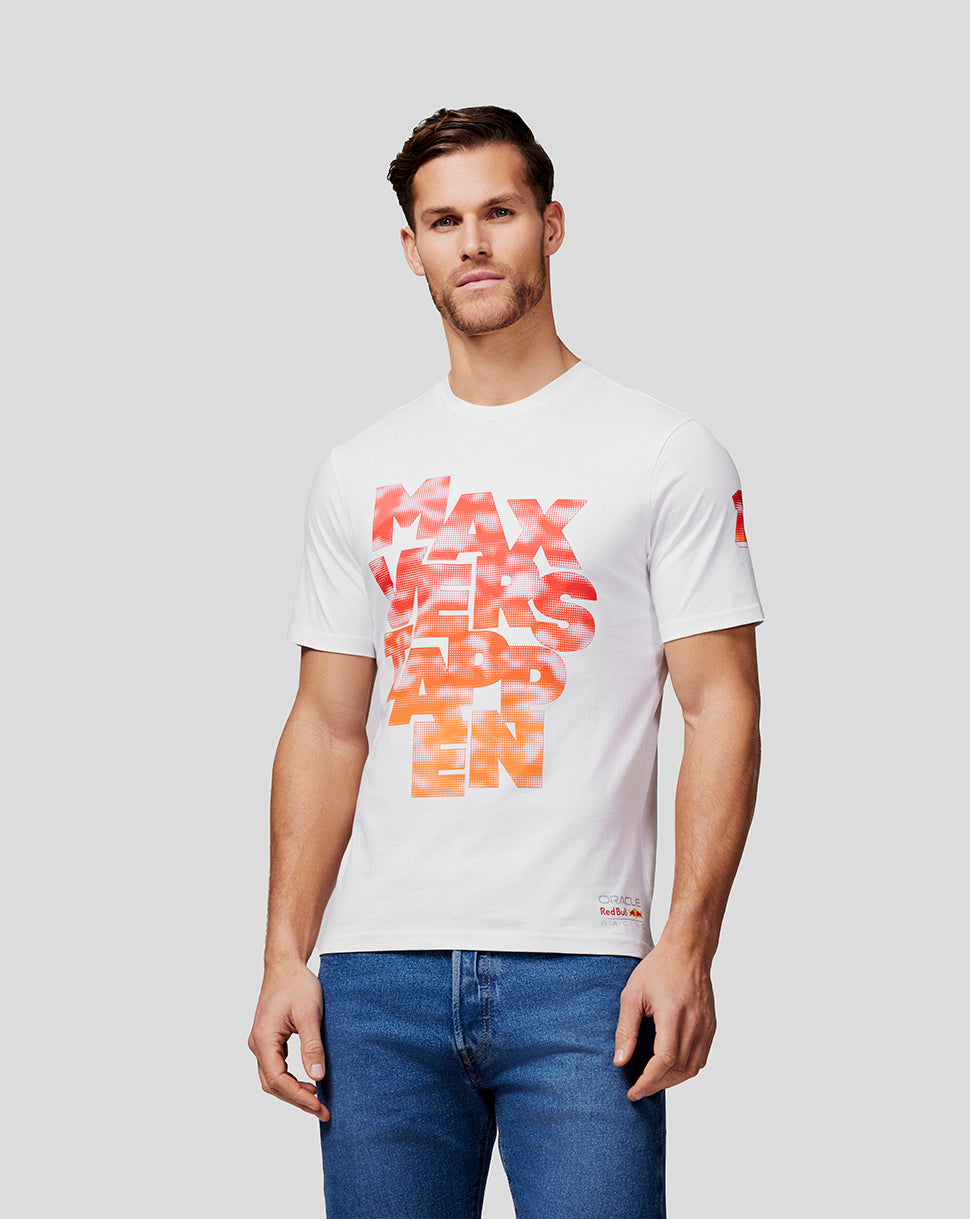 Model wearing white Max Expression Tee featuring bold Verstappen graphic on front and small name graphic on left sleeve