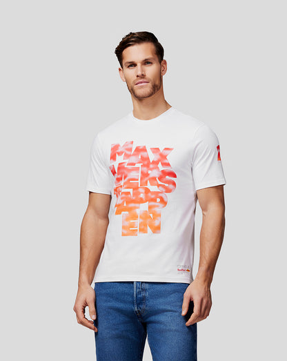 Model wearing white Max Expression Tee featuring bold Verstappen graphic on front and small name graphic on left sleeve