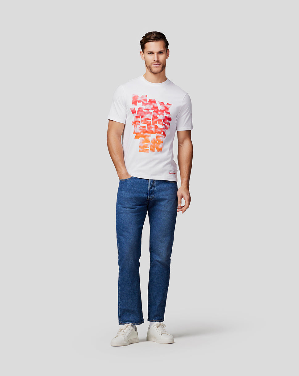 Male model in white Max Expression T shirt with red orange graphic on the front and a graphic on the left sleeve