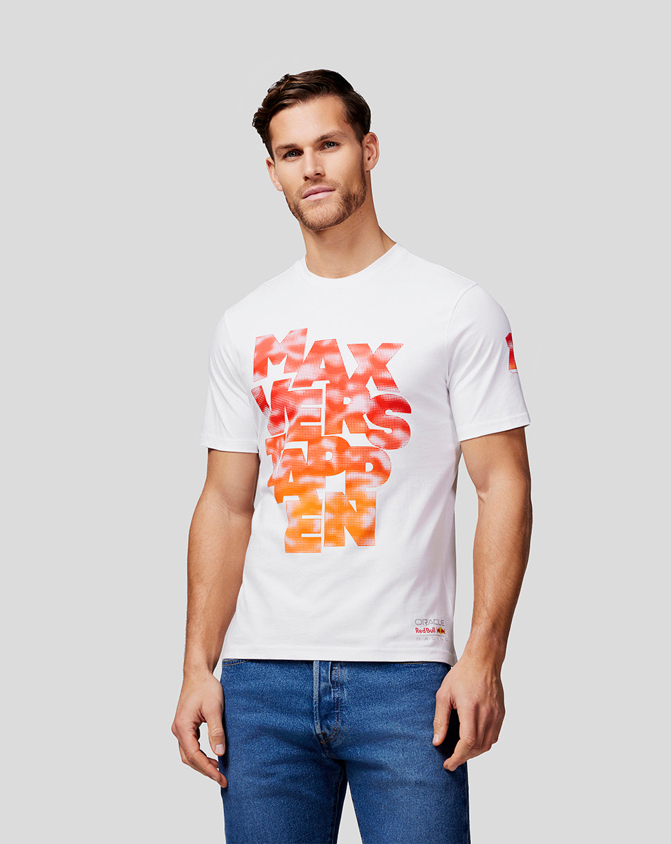 Man wearing white Max Expression T shirt with large red orange Max Verstappen graphic on the chest