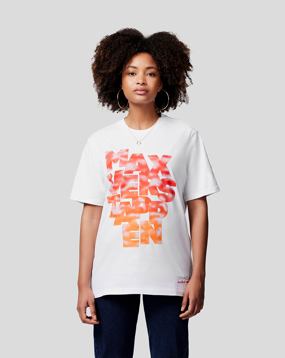 Woman wearing white Max Expression Tee with bold orange Max Verstappen graphic on the front