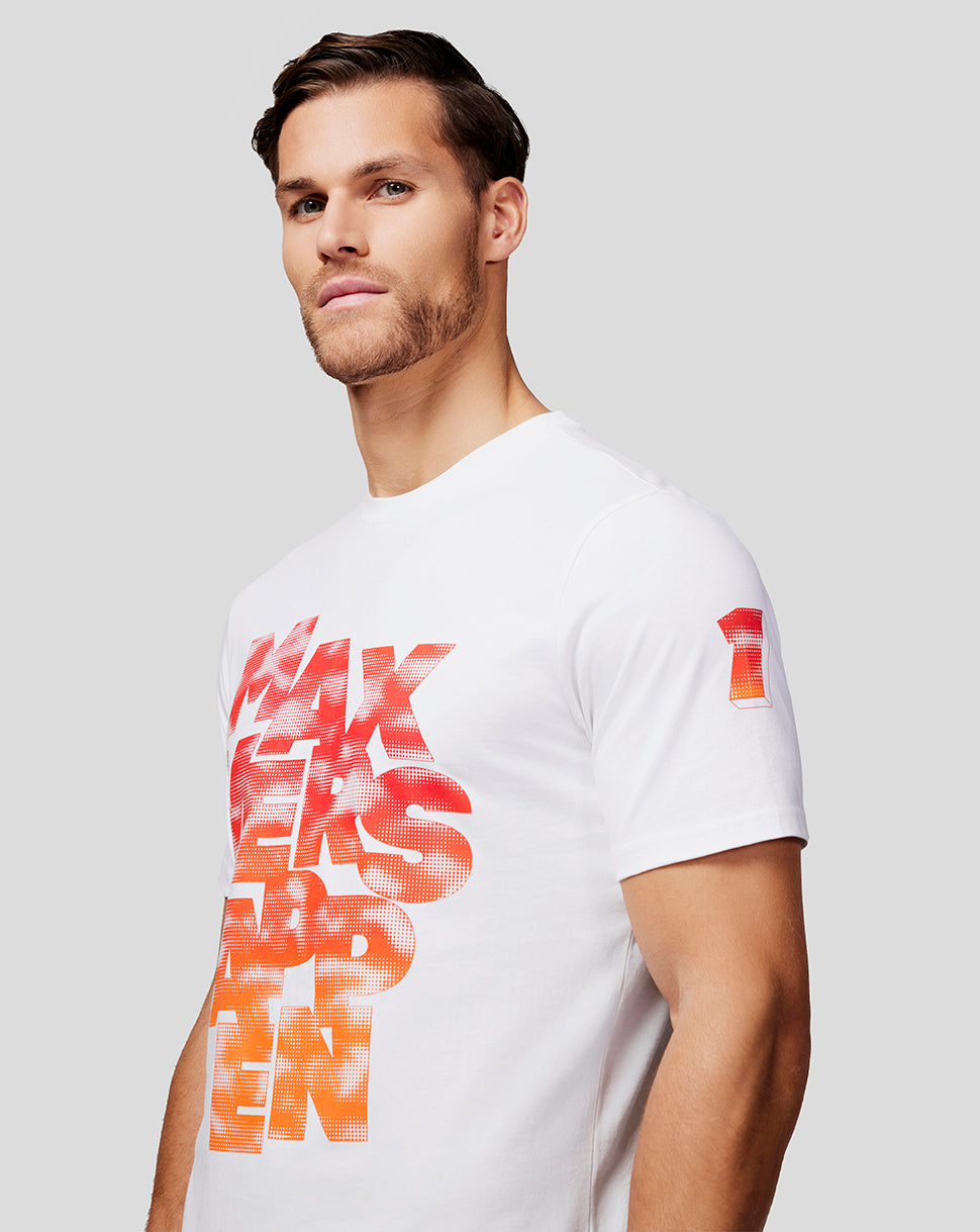 Side profile of man in white Max Expression T shirt featuring bold orange red graphic on the chest