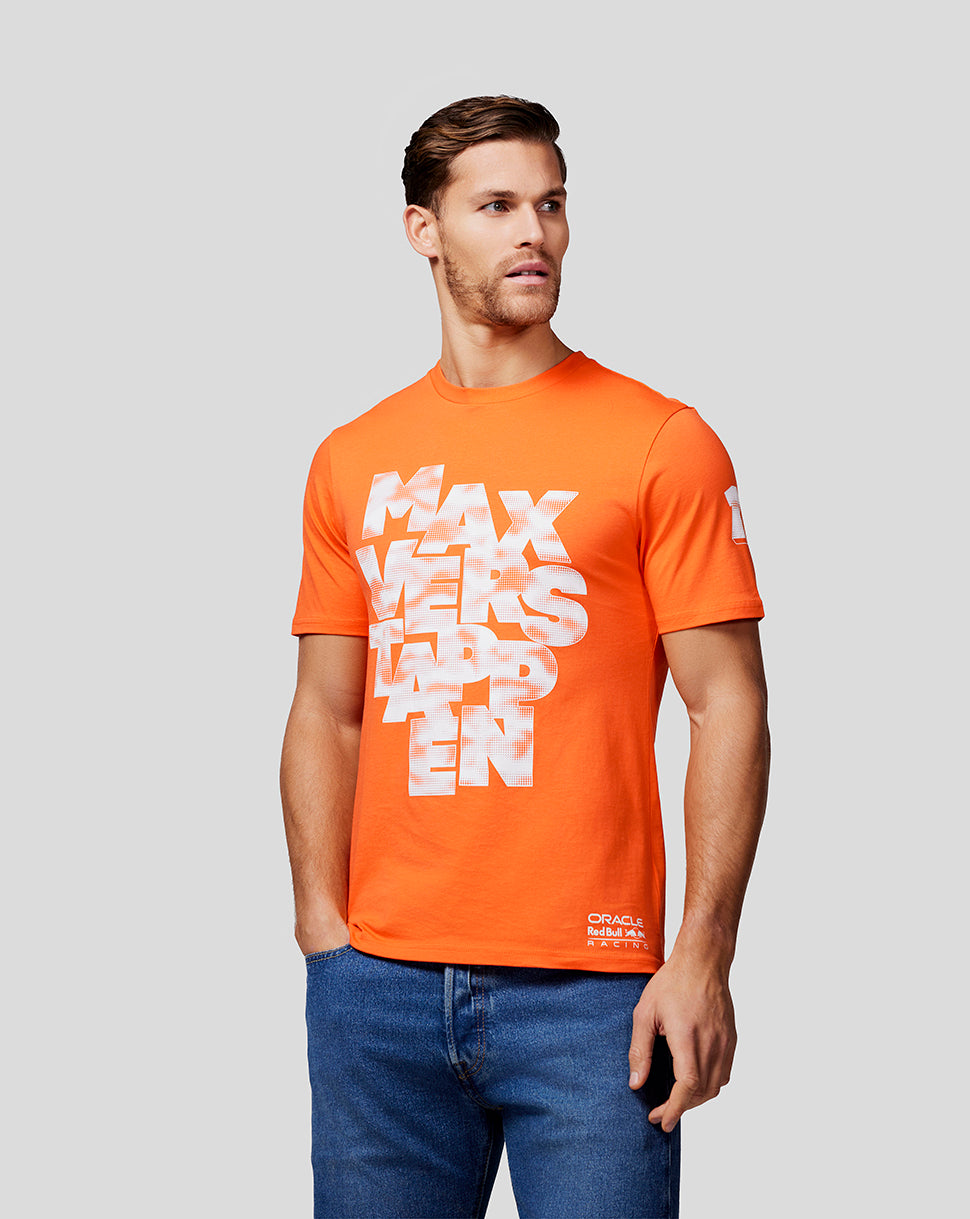 Male model in bright orange Max Expression tee with bold white graphic on the front.
