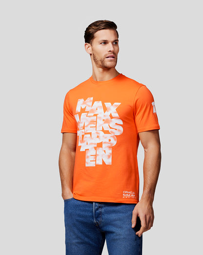 Male model in bright orange Max Expression tee with bold white graphic on the front.