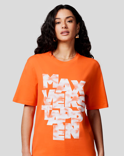 Front view of a model wearing an Exotic Orange Max Expression Tee with a bold white Max Verstappen graphic on the chest.