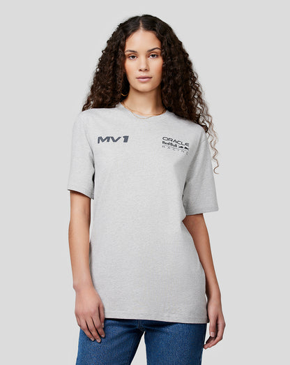 Man wearing marl grey Max Helmet Tee with MV1 and RBR logos on the chest and a Max helmet graphic on the back