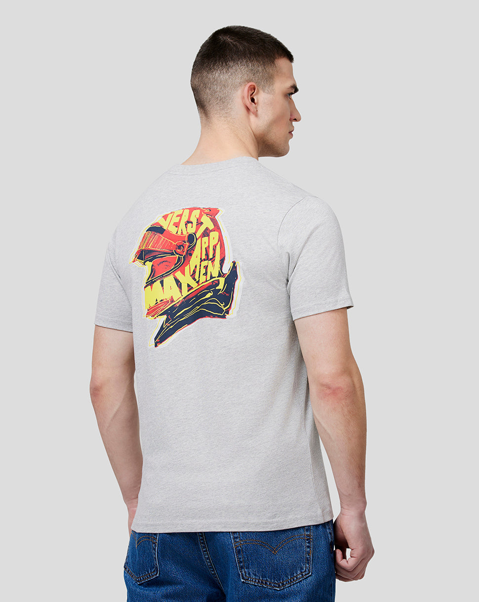 Side profile of a man wearing a grey marl Max Helmet Tee with the back graphic visible.