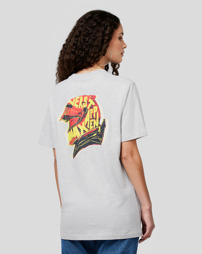 Back view of a grey marl unisex Max Helmet Tee with a red and yellow helmet graphic on the back.