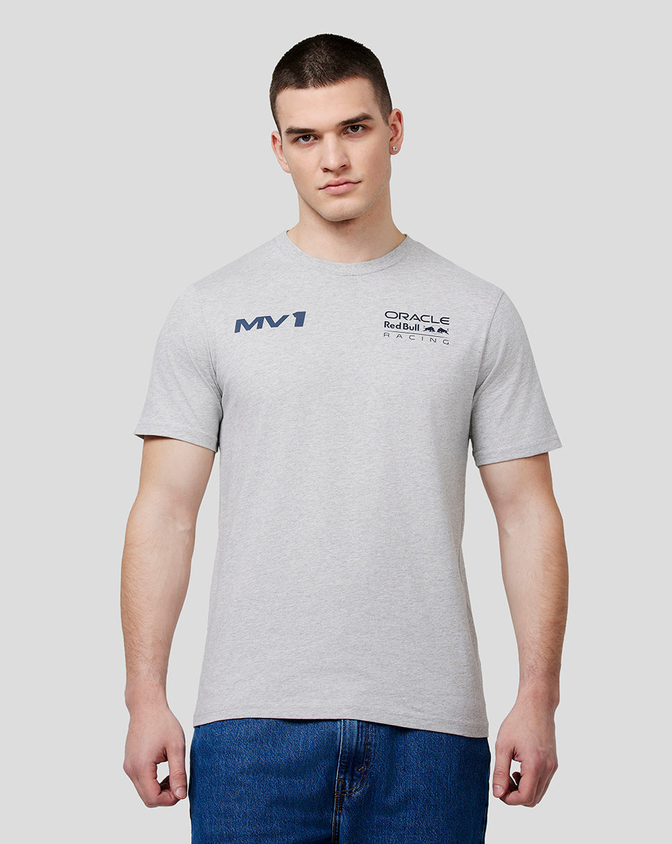 Woman wearing marl grey Max Helmet Tee with MV1 and RBR logos on the chest and a Max helmet graphic on the back