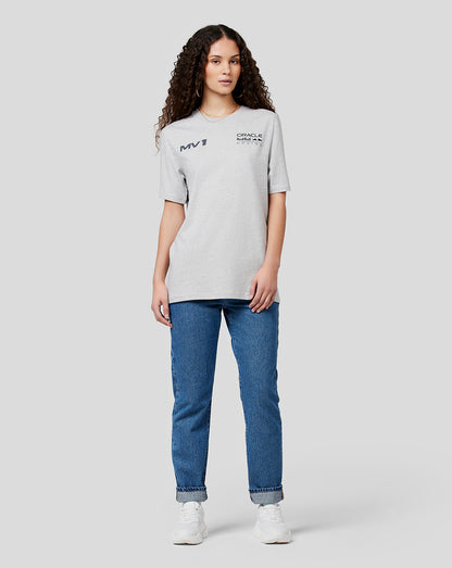 Woman wearing grey marl Oracle Red Bull Racing Max Helmet Tee with chest logos in a studio pose.