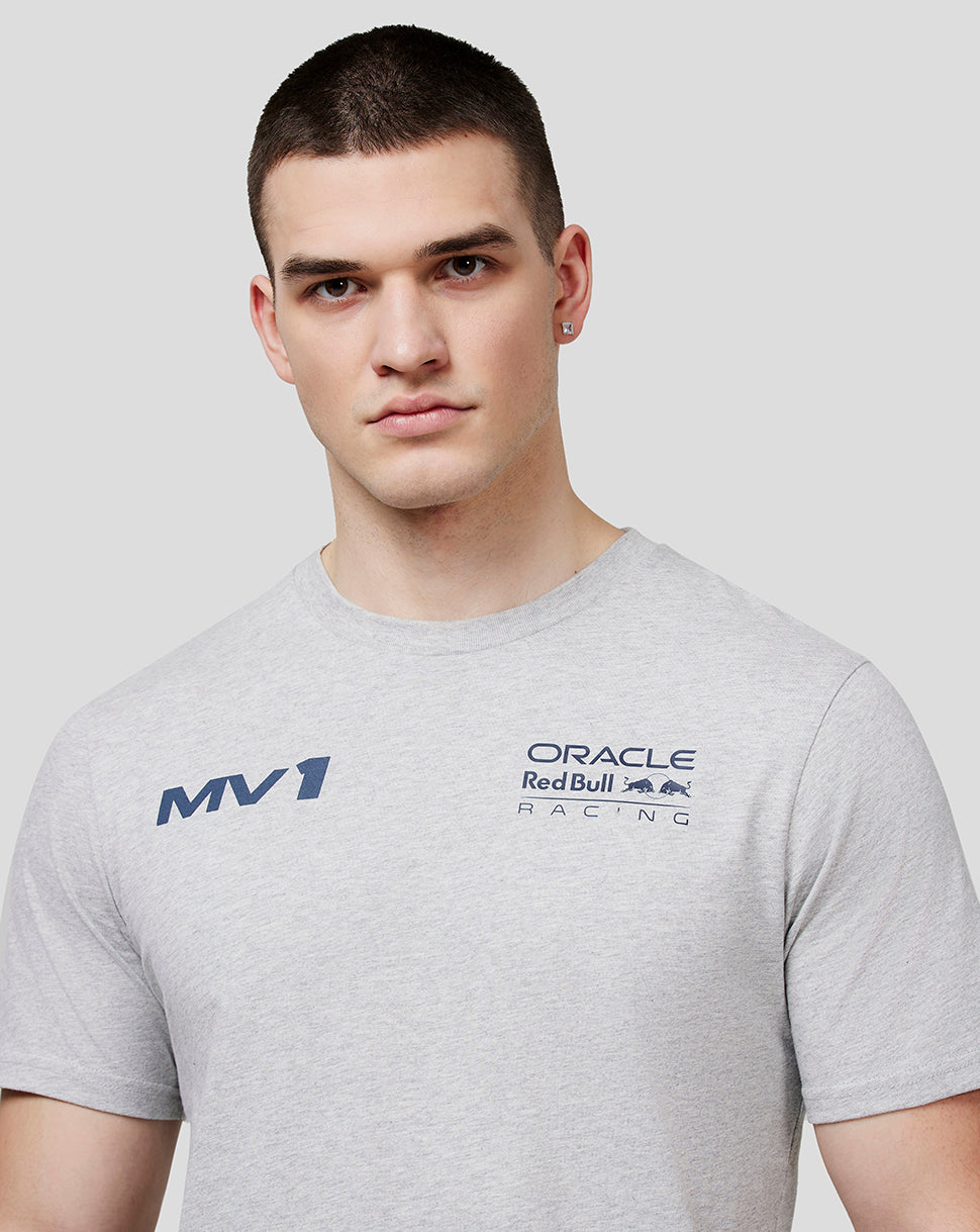 Male model wearing grey marl Oracle Red Bull Racing Max Helmet Tee front view with MV1 and RBR logos.