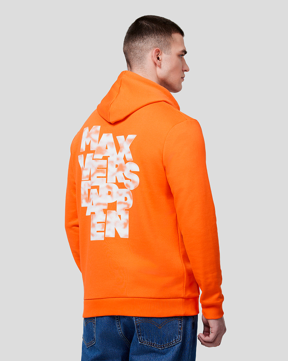 Back view of Oracle Red Bull Racing Unisex Max Expression Hoodie in Exotic Orange with bold white MAX VERSTAPPEN graphic on the back