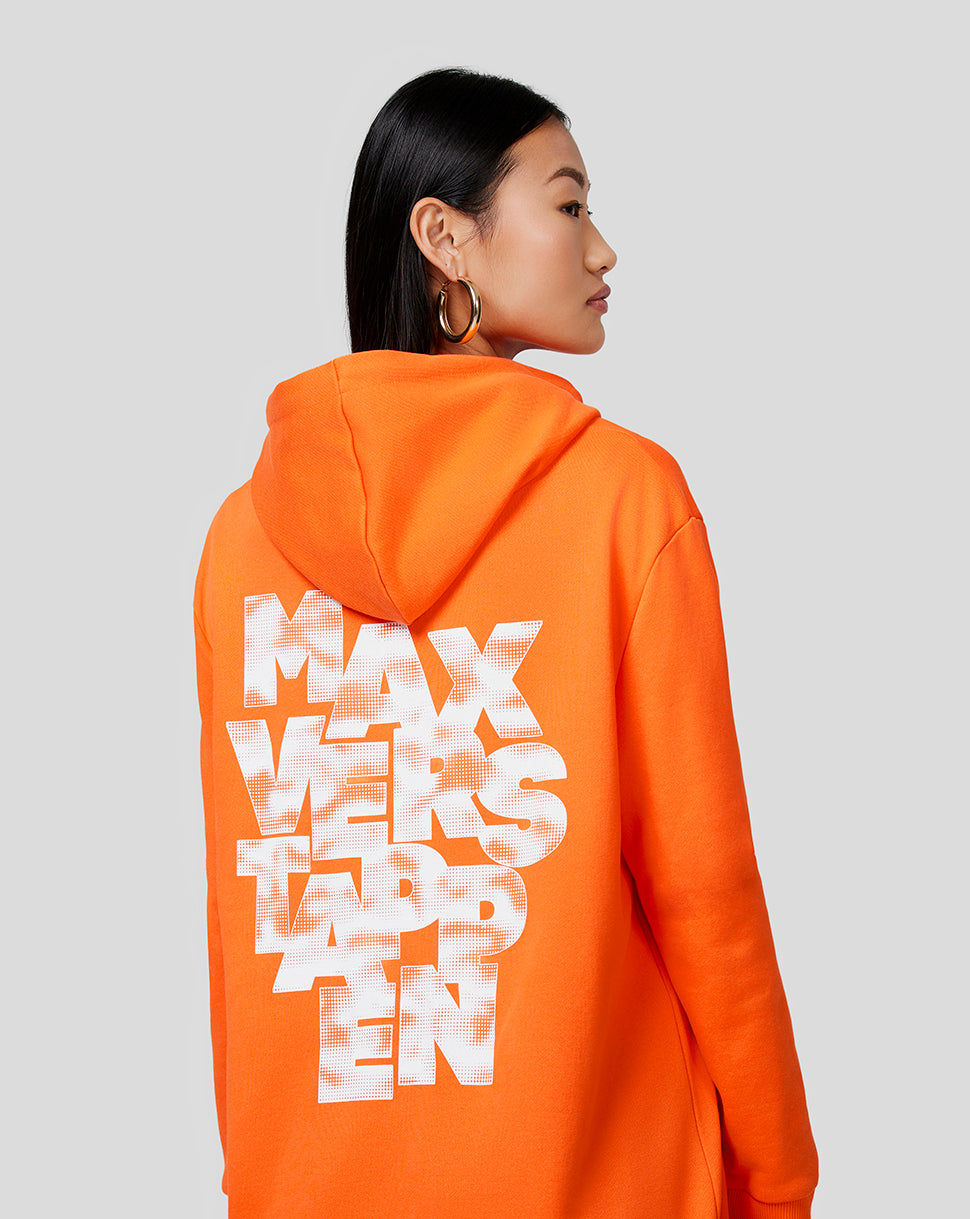 Back view of Exotic Orange Oracle Red Bull Racing Unisex Max Expression Hoodie showing large white MAX VERSTAPPEN graphic on a model