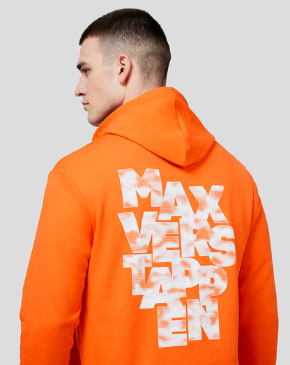 Back view of bright orange hoodie with large white MAX VERSTAPPEN print across the back