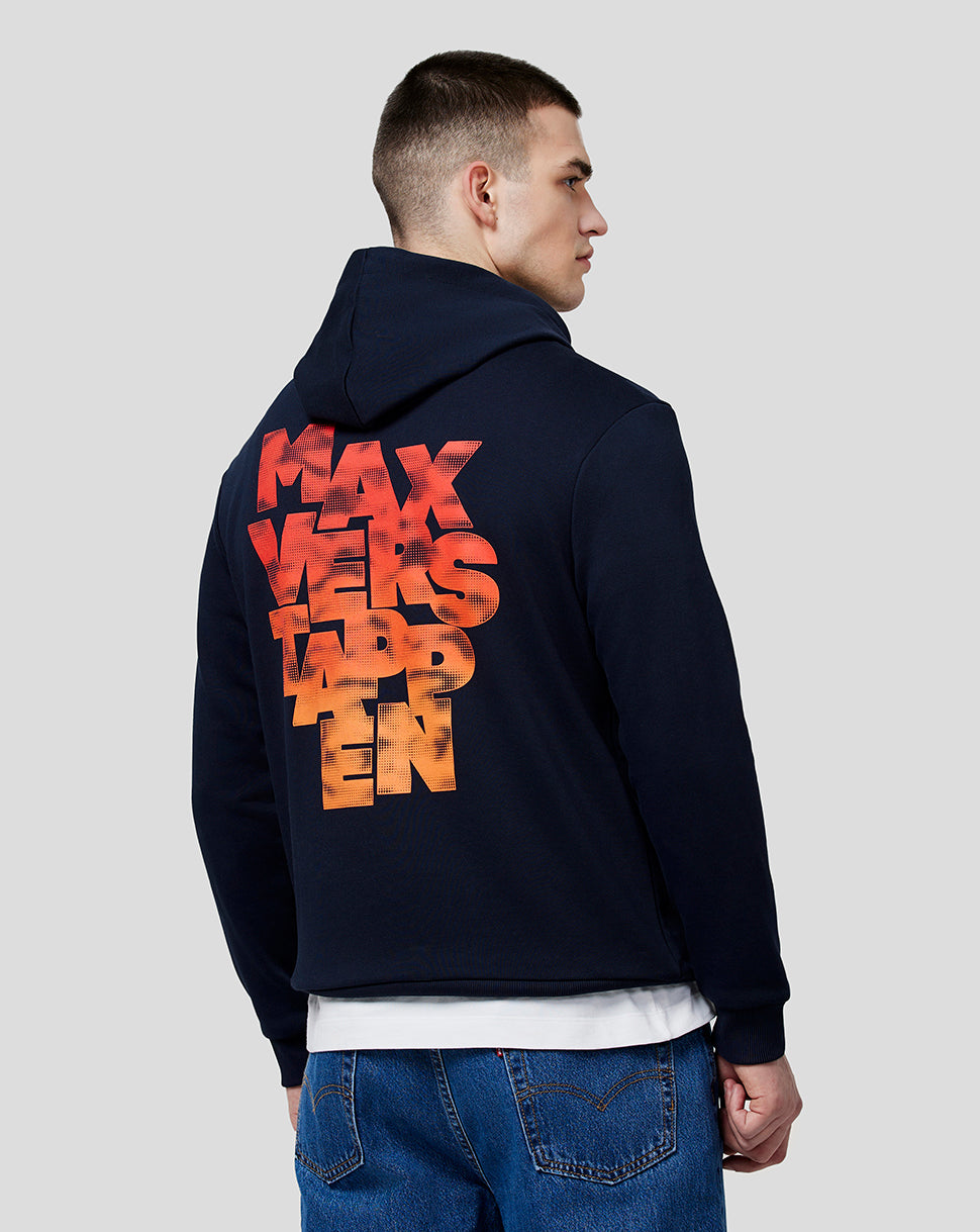 Model wearing navy Oracle Red Bull Racing Max Expression Hoodie with large orange Max Verstappen back graphic.