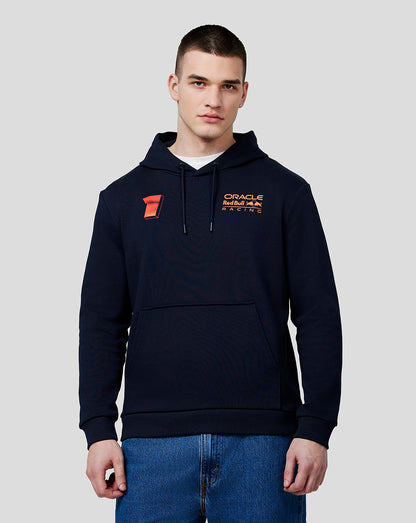 Front view of a male model in a navy Oracle Red Bull Racing hoodie with orange chest branding and a red patch.