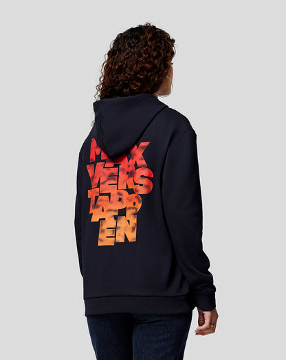 Back view of a navy hoodie with large gradient MAX VERSTAPPEN text across the back.