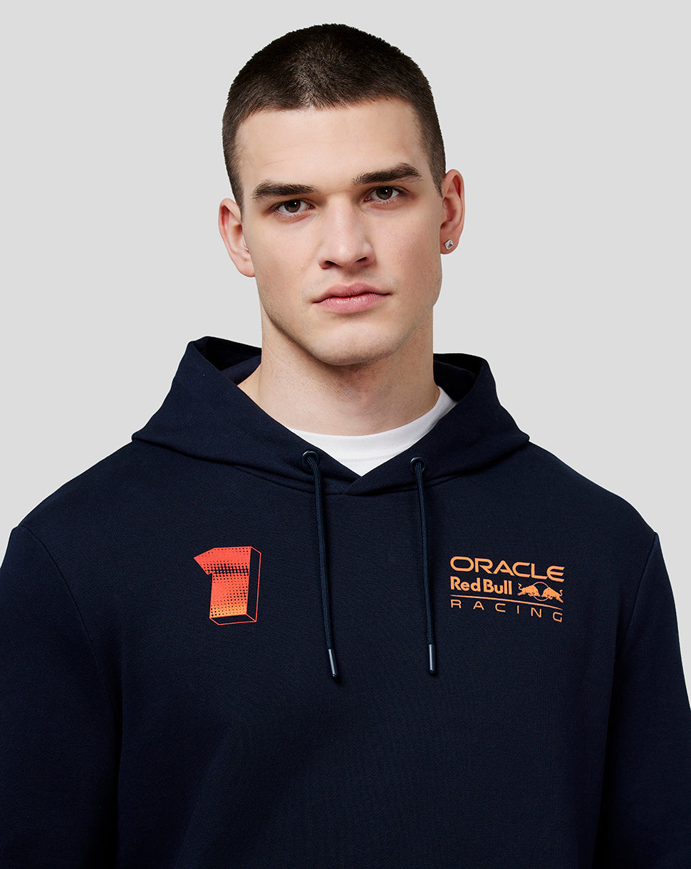 Male model in navy Max Expression Hoodie with orange number patch on left chest and Oracle Red Bull Racing logo on right chest.