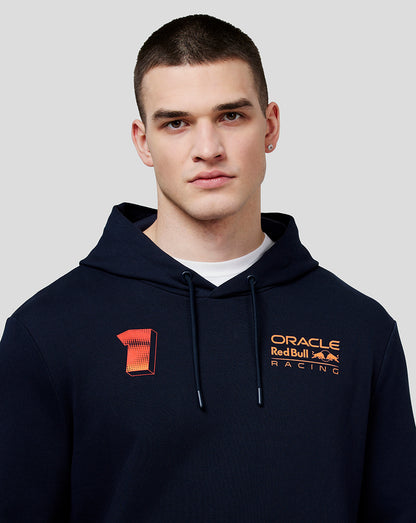 Male model in navy Max Expression Hoodie with orange number patch on left chest and Oracle Red Bull Racing logo on right chest.