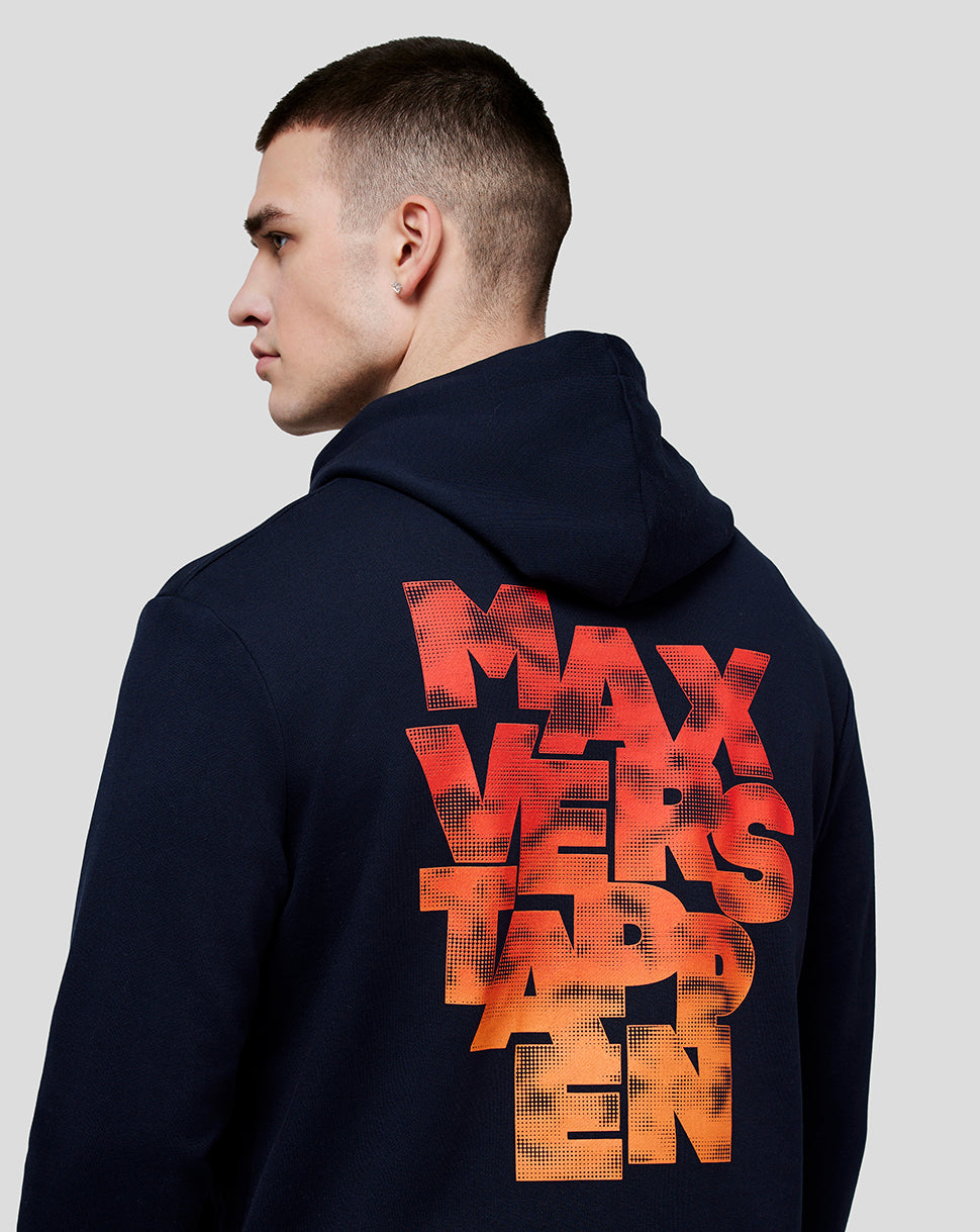 Back view of navy Max Expression Hoodie featuring the orange Max Verstappen graphic on the back.