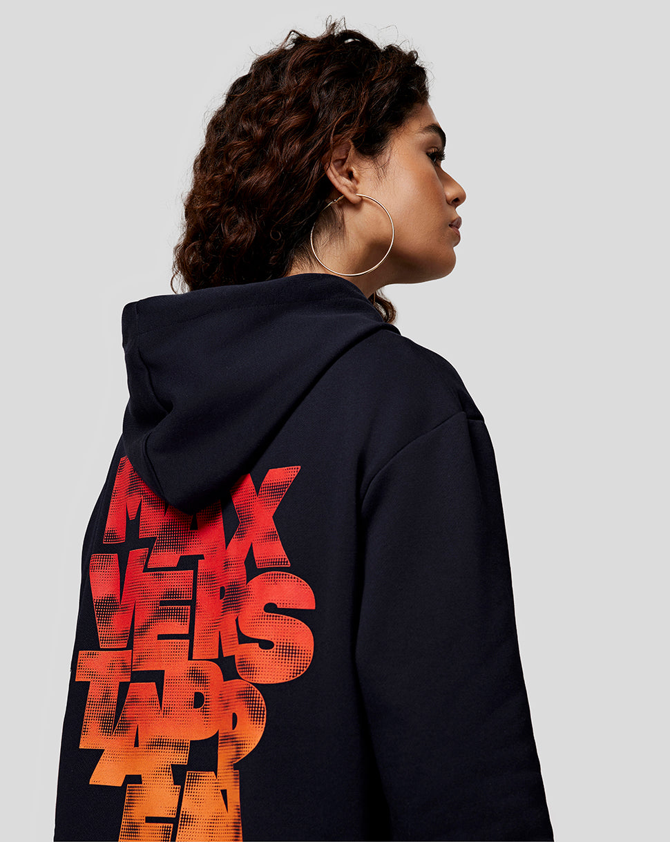 Navy Max Expression Hoodie on a model shown from the side with the bold back graphic visible.