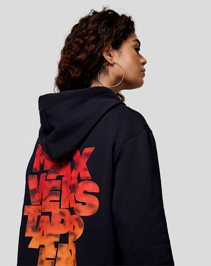 Navy Max Expression Hoodie on a model shown from the side with the bold back graphic visible.