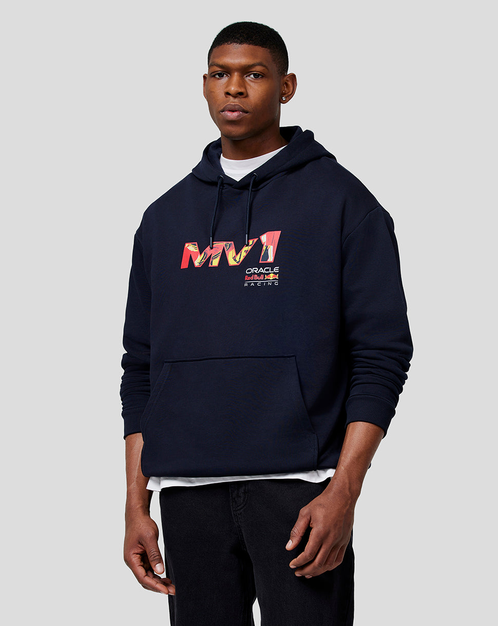 Male model wearing a navy Night Sky Oracle Red Bull Racing Max Pop Art oversized hoodie with a front graphic and kangaroo pocket.