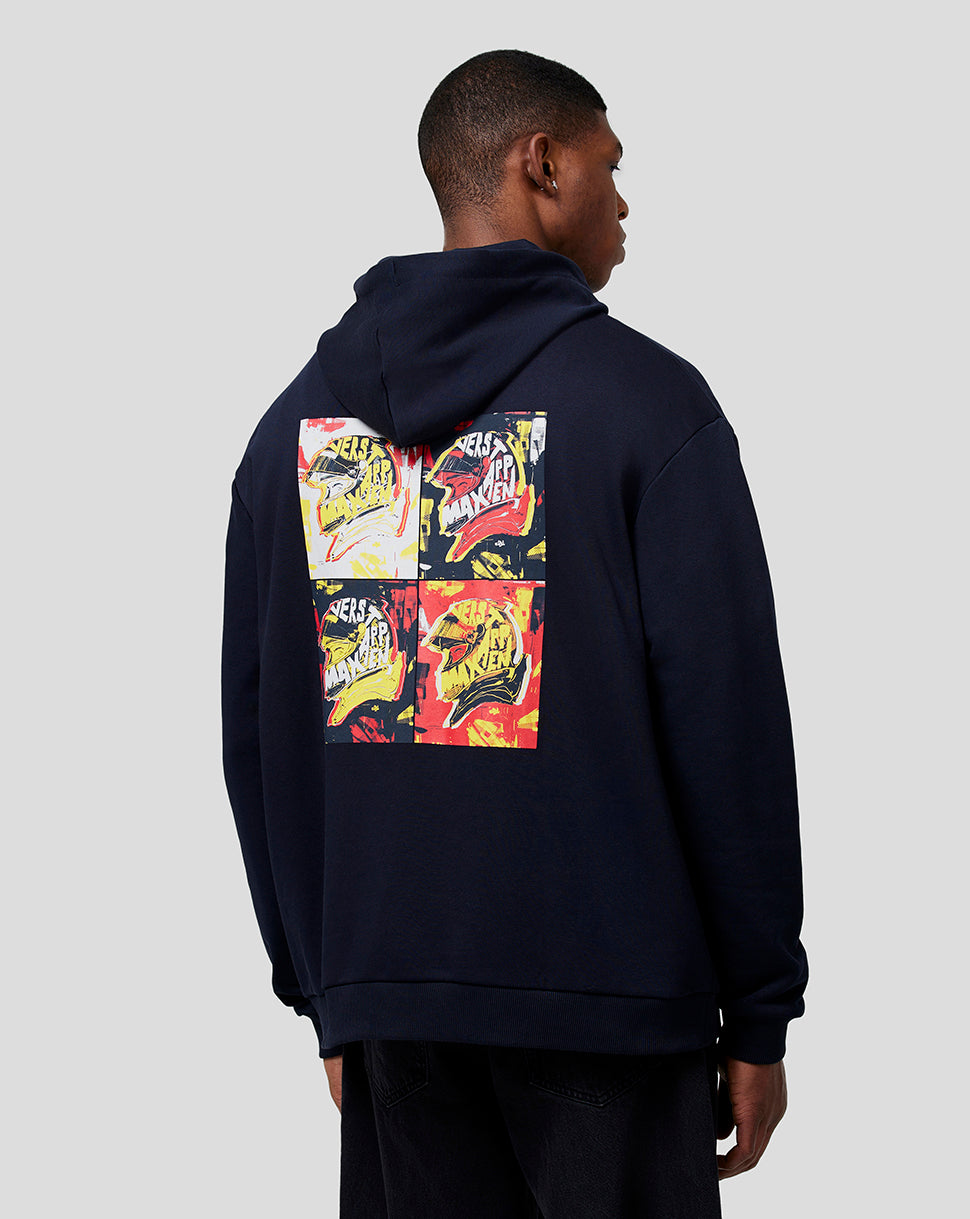 Rear three-quarter view of a navy oversized hoodie with a four panel pop art graphic on the back