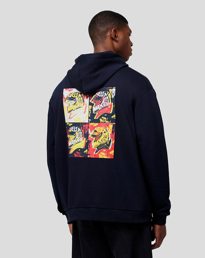 Rear three-quarter view of a navy oversized hoodie with a four panel pop art graphic on the back