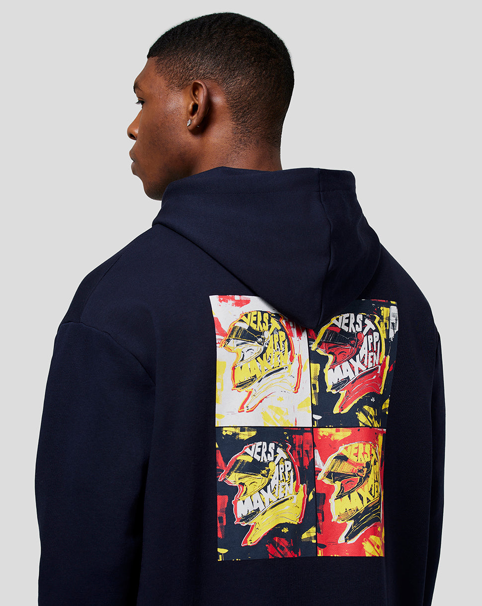 Back view of a navy oversized hoodie featuring a four panel pop art print on the back