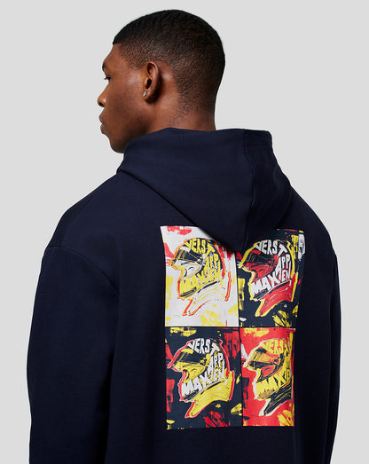 Back view of a navy oversized hoodie featuring a four panel pop art print on the back