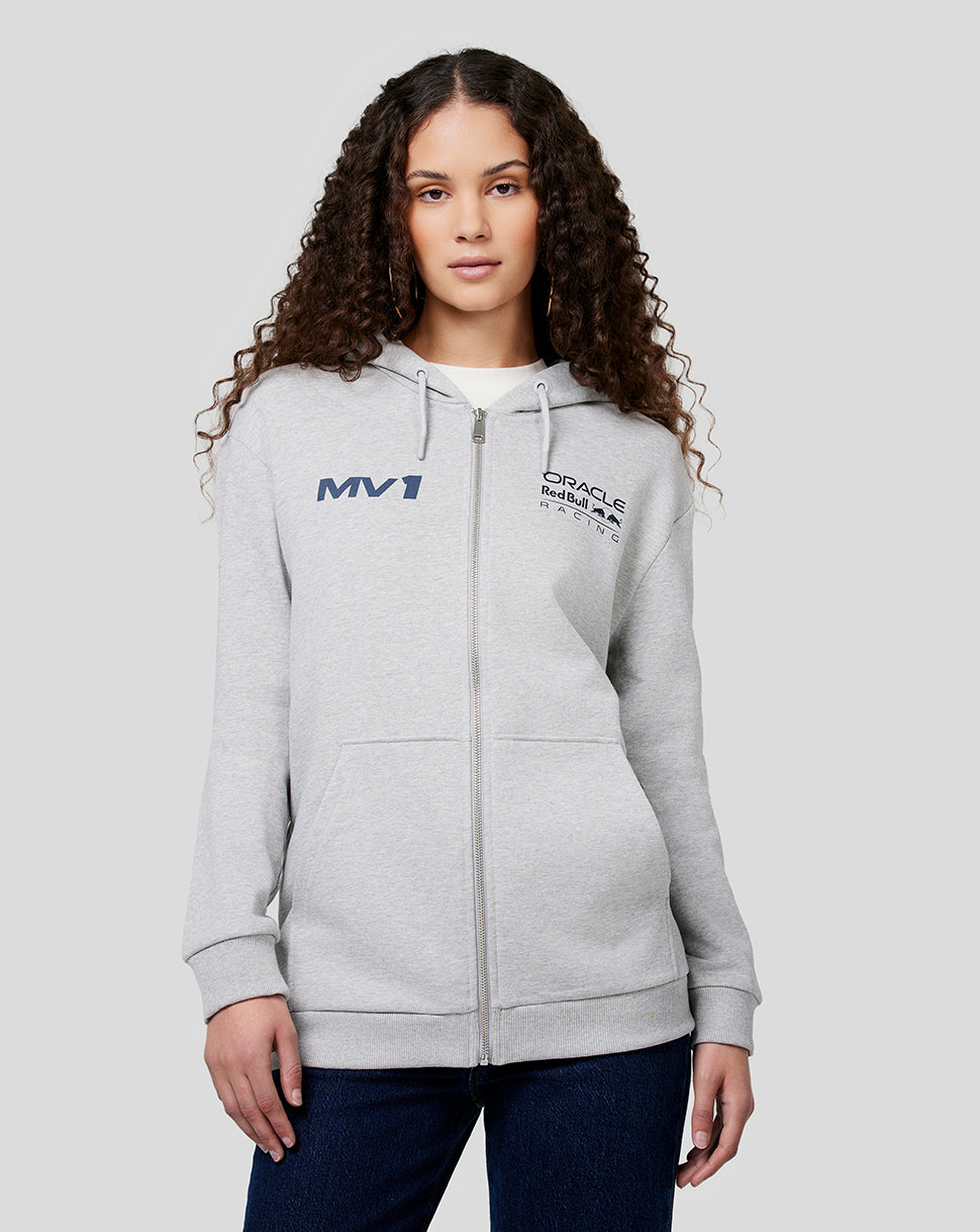 Woman in light grey zipped hoodie featuring Oracle Red Bull Racing branding on the chest.