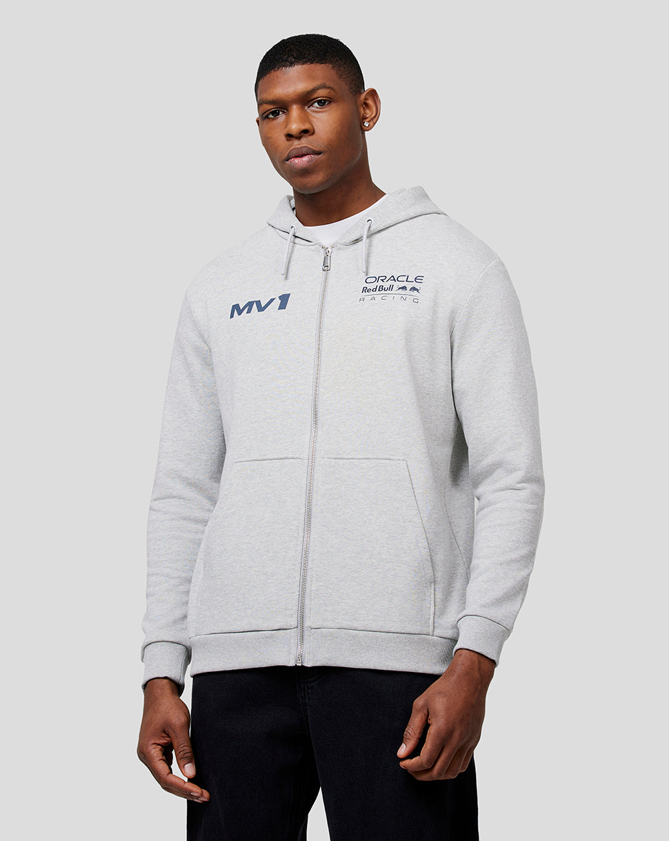 Male model wearing light grey Marl Max Helmet Zip Hoodie with front zip and hood.