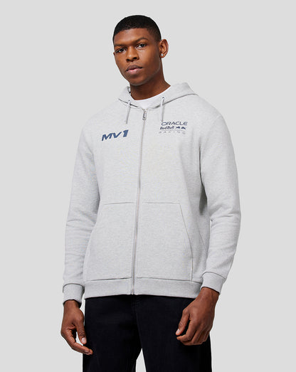 Male model wearing light grey Marl Max Helmet Zip Hoodie with front zip and hood.