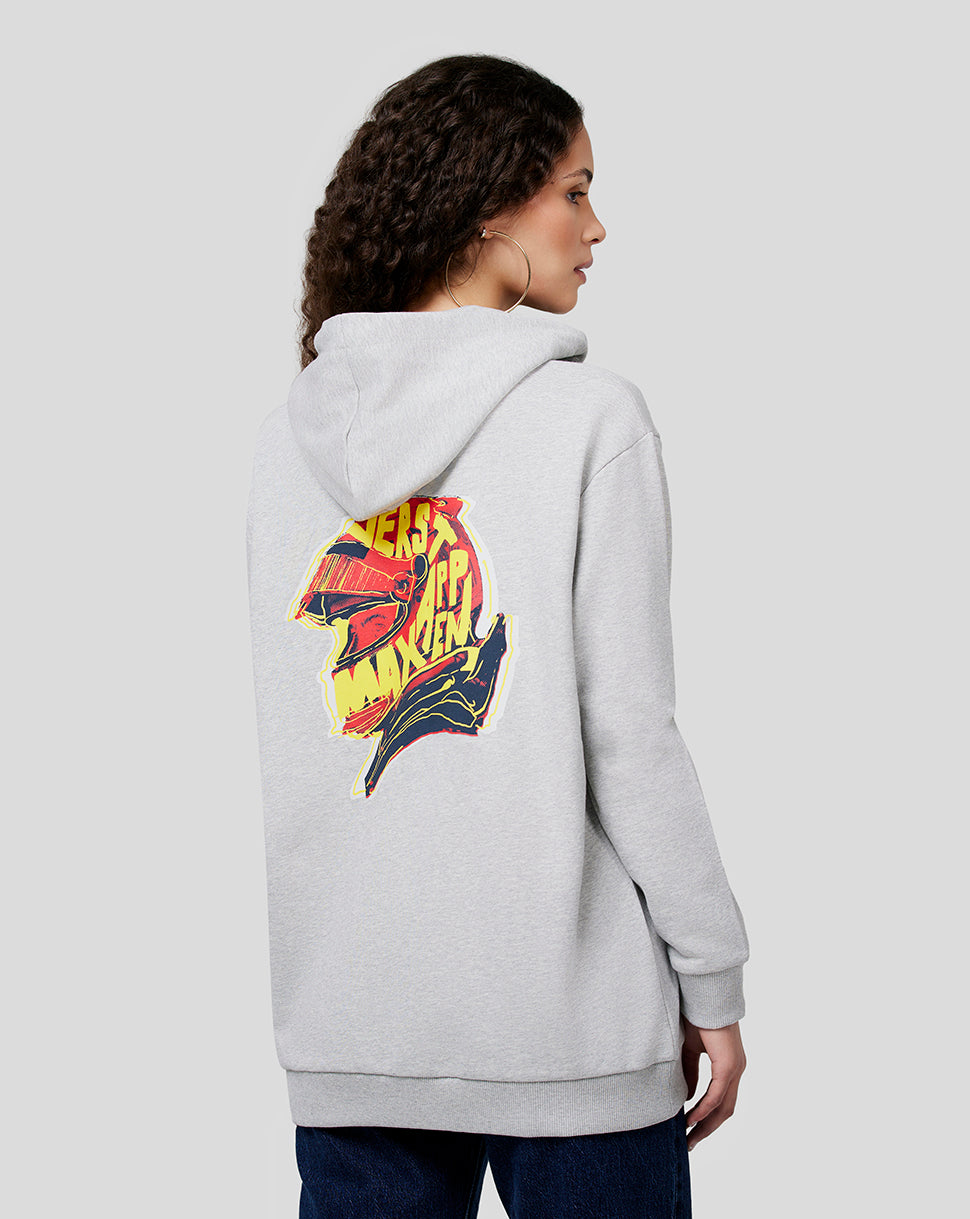 Rear view of a person wearing the grey marl Max Helmet Zip Hoodie showing the vibrant back graphic.