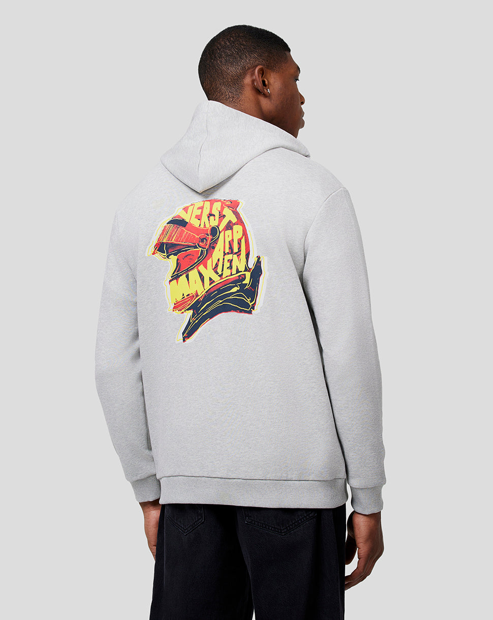 Back view of a grey marl Oracle Red Bull Racing Max Helmet Zip Hoodie featuring a bold colorful helmet graphic on the back.