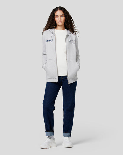 Female model wearing a grey marl Max Helmet Zip Hoodie with MV1 and Oracle Red Bull Racing logos on the chest.