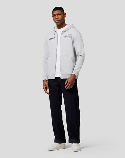 Full-body view of a model wearing a grey marl Max Helmet Zip Hoodie with MV1 and Red Bull Racing logos on the chest.