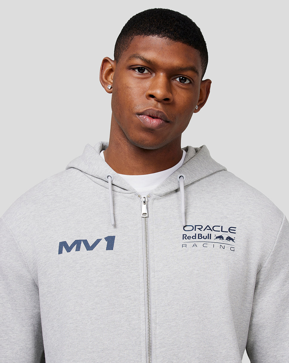 Male model wearing a grey marl Max Helmet Zip Hoodie with MV1 and Oracle Red Bull Racing logos on the chest.