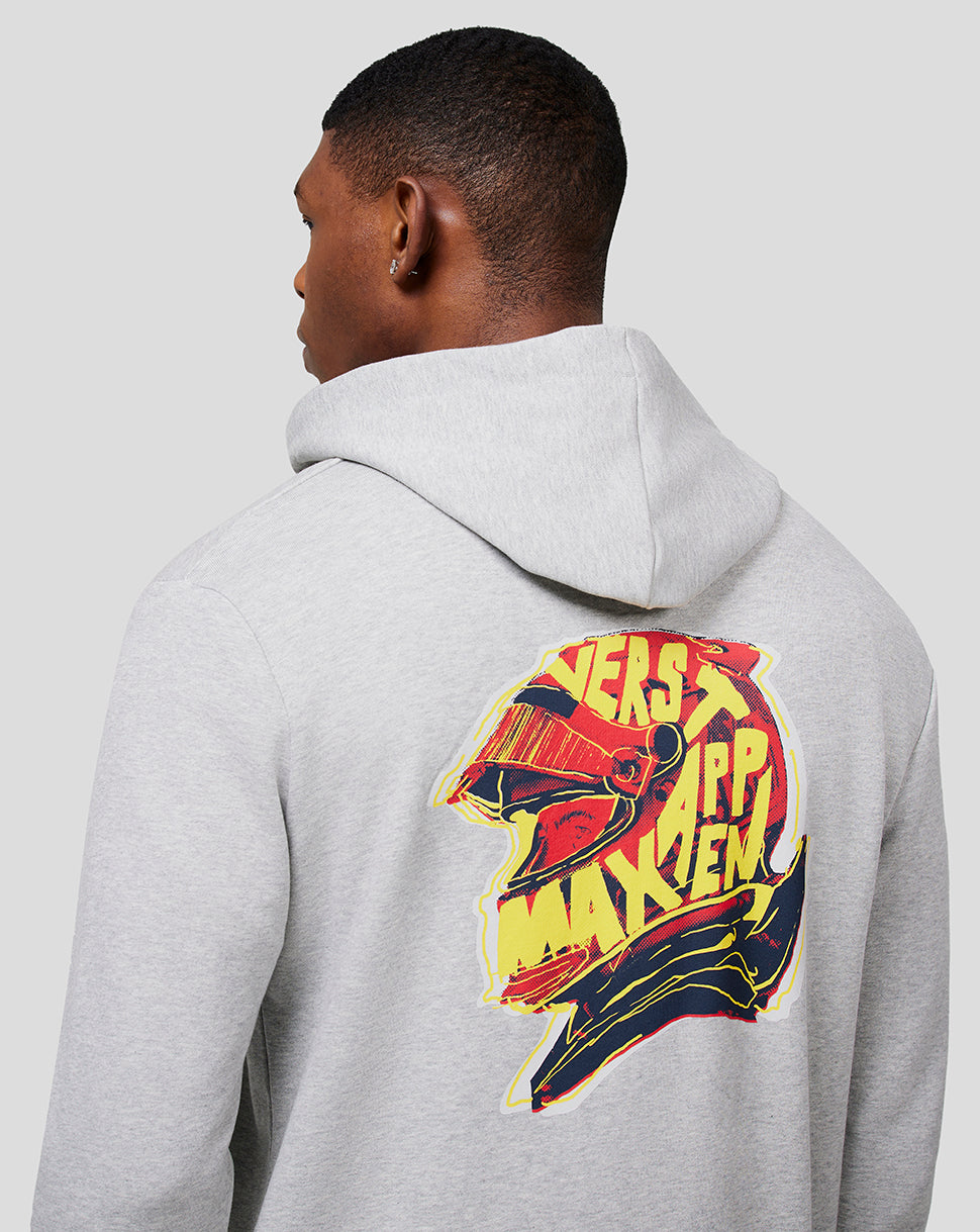 Back view of a person in a grey marl Max Helmet Zip Hoodie with the colorful back print visible from a side angle.