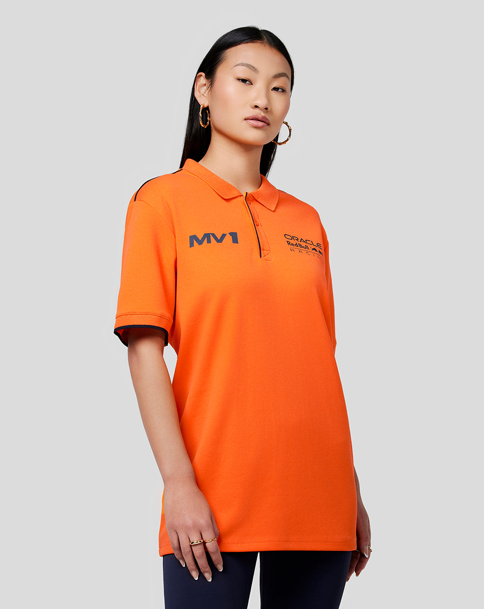 Model wearing orange Oracle Red Bull Racing Max polo with MV1 and RBR logos