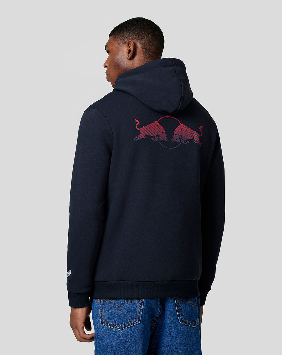 Back view of a navy Oracle Red Bull Racing hoodie with the red bulls graphic across the back and hood up.