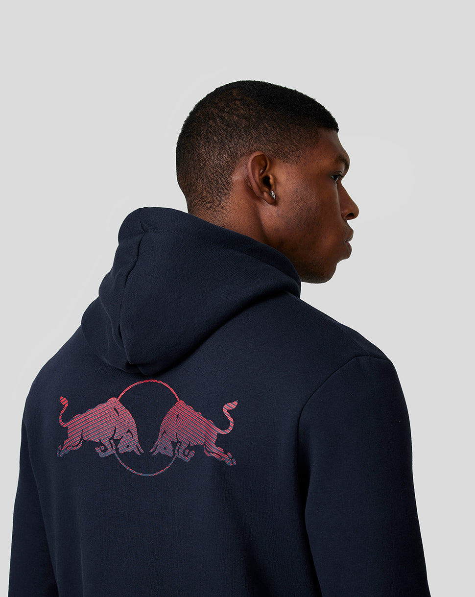 Back view of navy hoodie featuring RB Bulls graphic across the back.