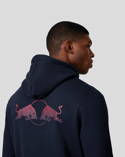 Back view of navy hoodie featuring RB Bulls graphic across the back.