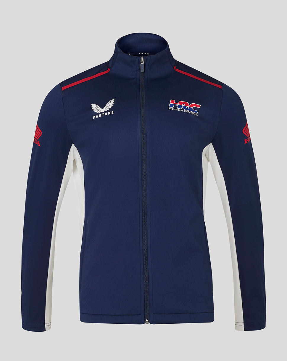 Front view of navy Honda HRC softshell jacket with full zip and red piping