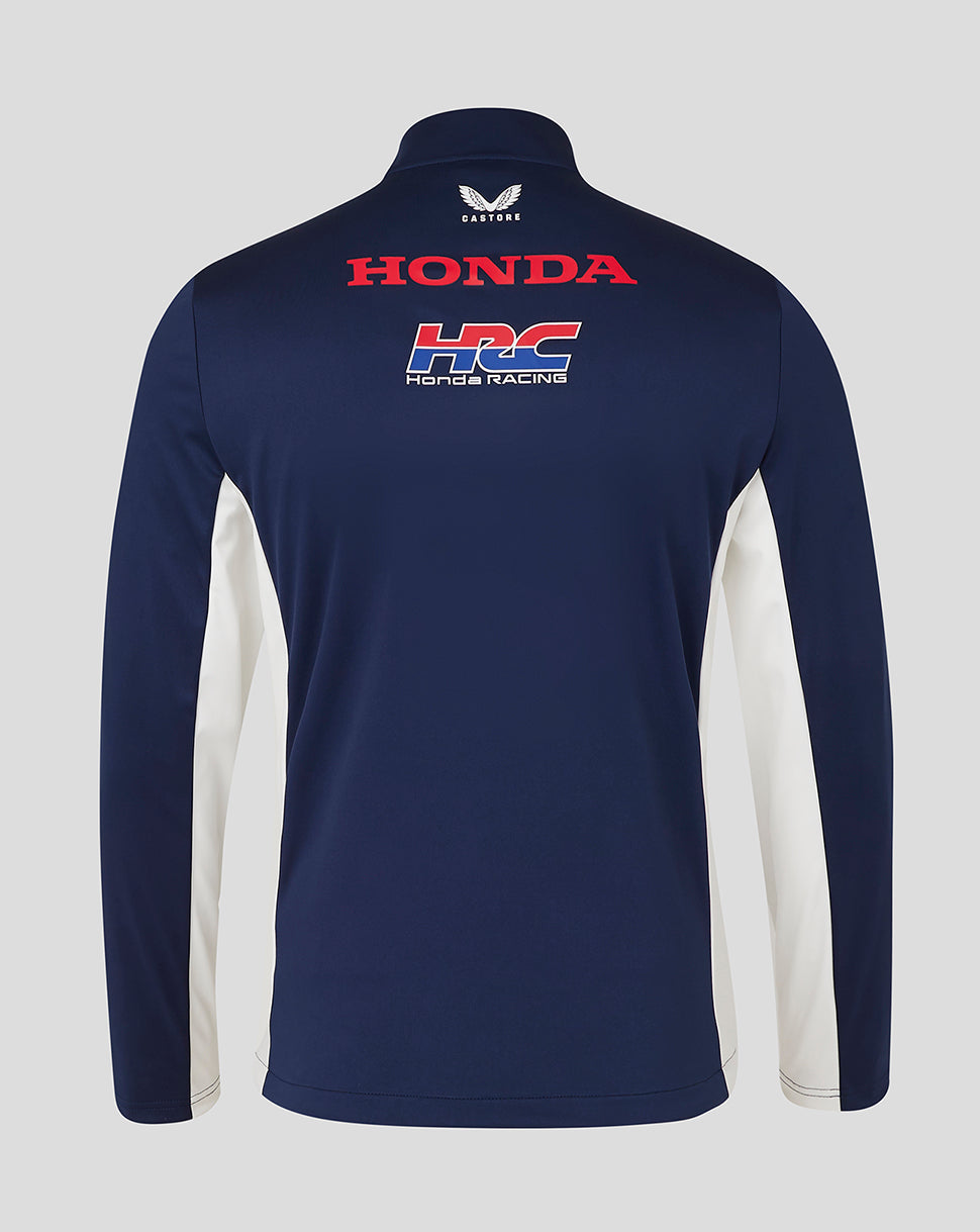 Back view of navy Honda racing jacket with large Honda and HRC logos across the upper back