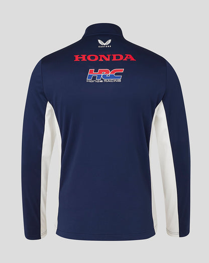 Back view of navy Honda racing jacket with large Honda and HRC logos across the upper back