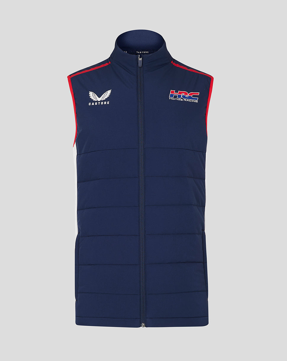Front view of navy Honda HRC gilet with quilted panels red piping and Castore logo on chest