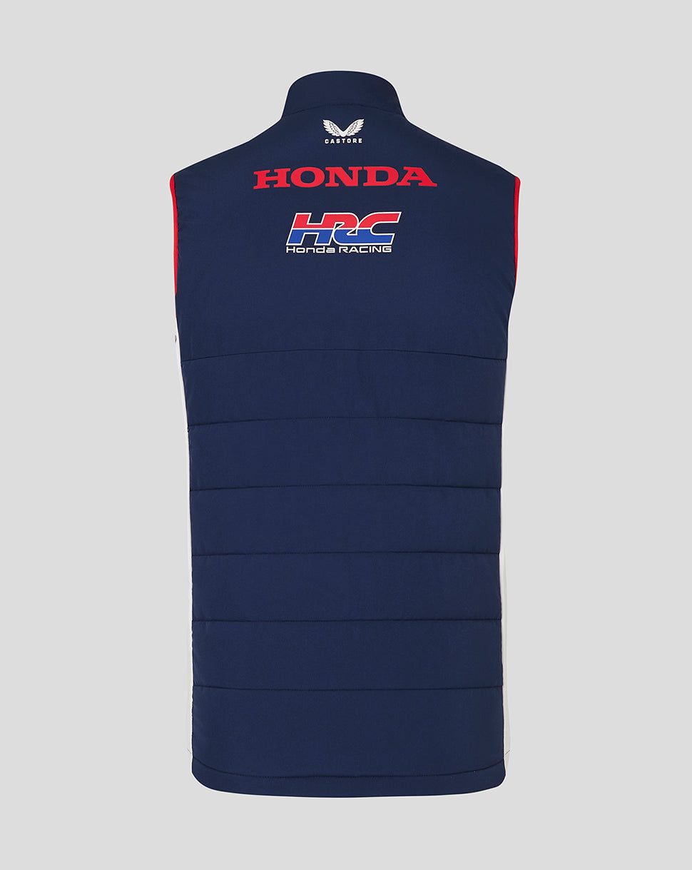 Back view of navy Honda HRC gilet with large Honda and HRC logos across the back and Castore branding at the collar