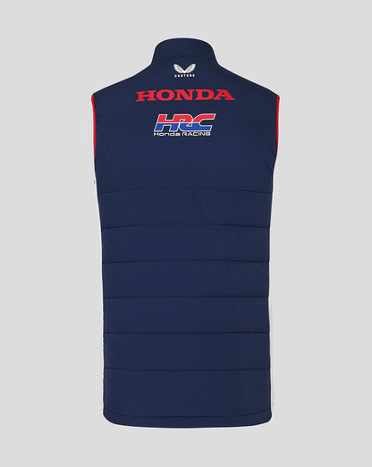 Back view of navy Honda HRC gilet with large Honda and HRC logos across the back and Castore branding at the collar